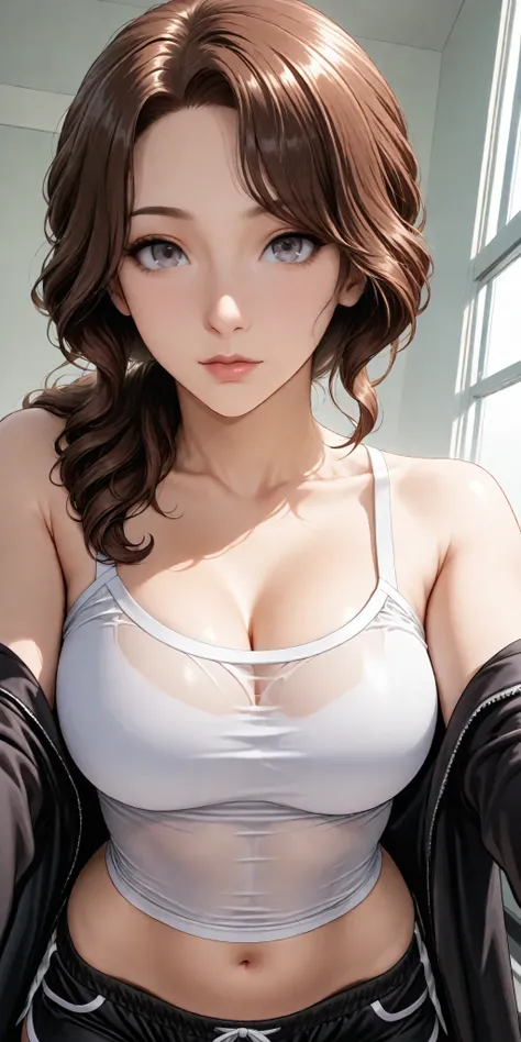 hanabi hyuuga,adult female, housewife, brown hair, messy bun, slight wavy hair, white tshirt,sexy shorts, open shirt, transparent shirt, bare shoulder, milf, cleavage, navel, soft light, high detailed, best quality, upper body, below view, sofa ,looking at...