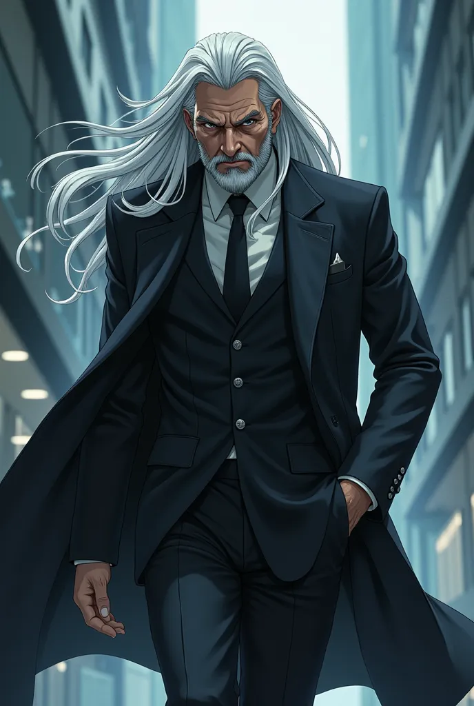 ANTAGONISTIC ANIME CHARACTER MALE APPEARS TO HAVE LONG WHITE HAIR OVER 40 YEARS OLD BUSINESSMAN AND SCIENTIST SUFFERS FROM A DEGENERATIVE DISEASE