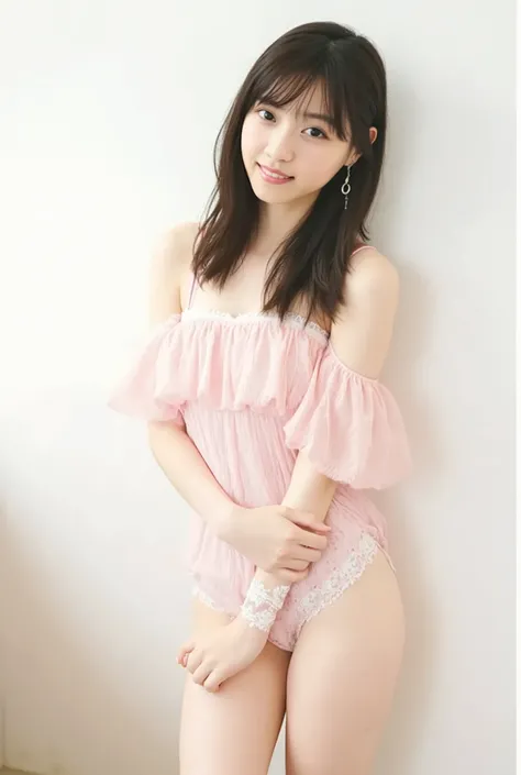 is cute, off-shoulder,(( pink lace underwear))、 black hair、clavicle、 Chest Valley、belly button
