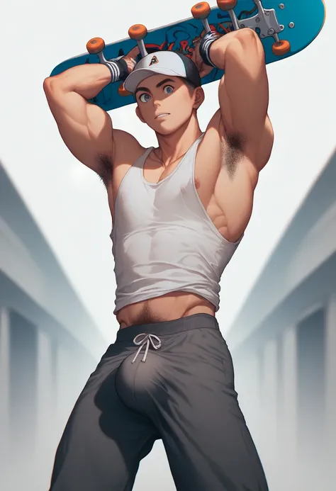 Boy 15yo, fit, anime style, big eyes, skater, gray tanktop, big bulge, baseball cap, standing, holding skateboard with both hands above head, hairy armpits loose short pants 