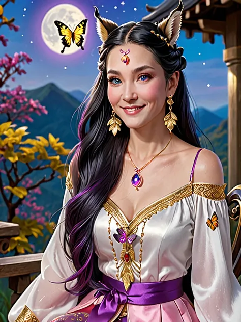 Mature woman with long hair,black hair with purple tips, , small moon earrings, a thin smile, a pink-red cheek, a small gold butterfly hair ornament, wore a white gold, purple bodice with long sleeves and open shoulders.,full body style,Unsplit shirt,White...