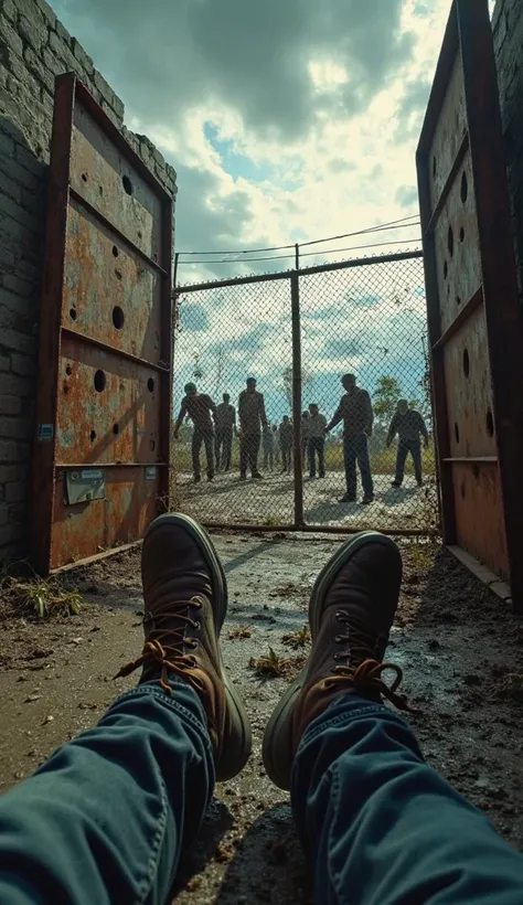 throw: The image shows the perspective of a person, with your feet visible, wearing dirty boots. The view is focused on the rusty fence, outside the shelter, with holes and fallen pieces. Ao longe, zombies can be seen walking towards the fence, their decay...