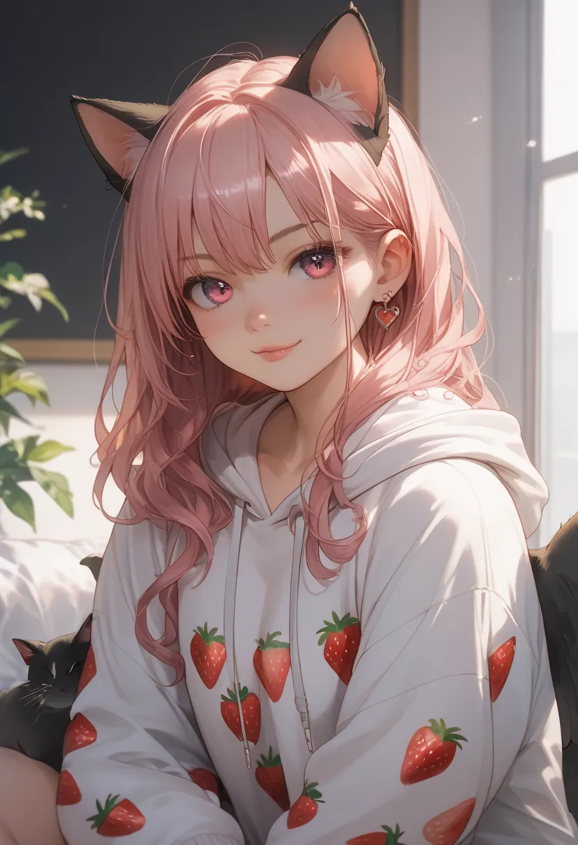 Cat ears、 Hair、 long、 cute high school girl with strawberry pattern、 hoodie