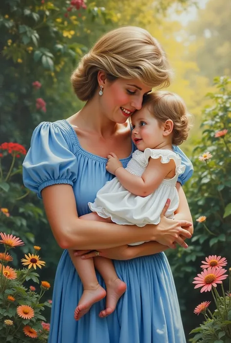 Create a realistic image where Lady Di, Princess Diana of Wales holds a one-year-old princess with brown hair and brown eyes in her arms