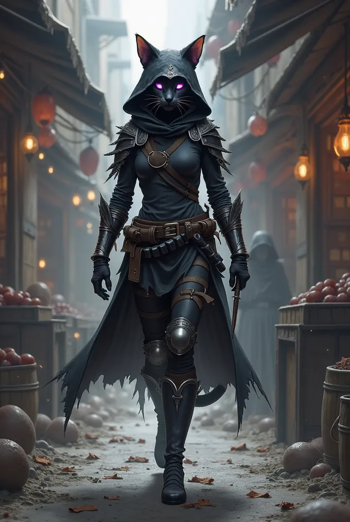 female tabaxi rogue with black fur, glowing purple eyes visible behind silver half-mask, in light armor, in a shady black market