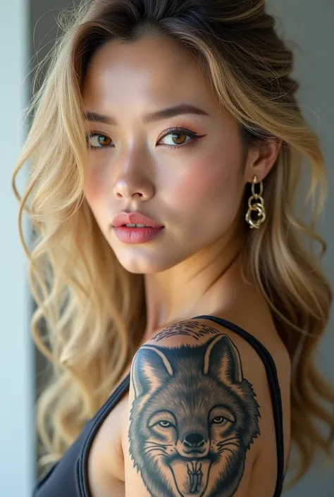  A blond woman, half oriental with a fox tattoo on your arm, Do you have wavy hair brown eyes, normal body