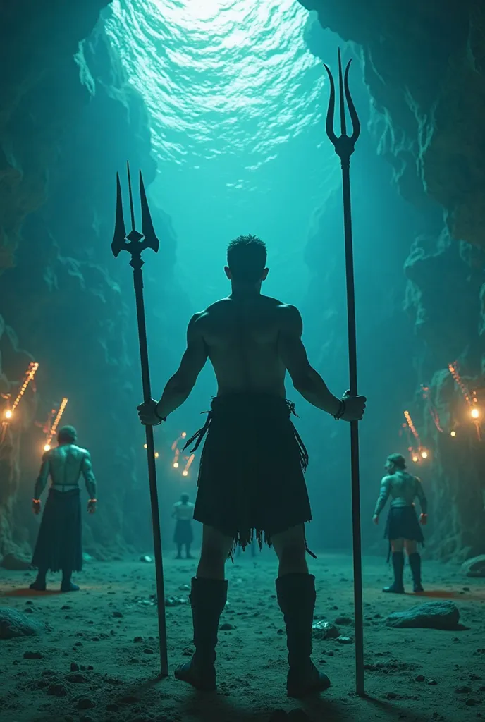 A image of a male Atlantean training with Atlantean warriors, learning to use tridents and harness their new powers. The training ground is underwater, with obstacles and glowing targets. Hyper-realistic, vibrant tones, ultra HD, 8k, dramatic lighting.