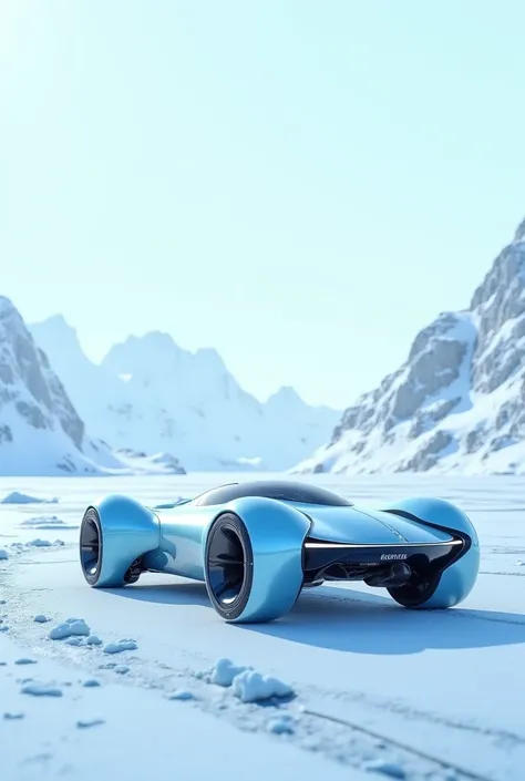 Create a realistic Vortex Drive car in light blue and white that is in Antarctica 