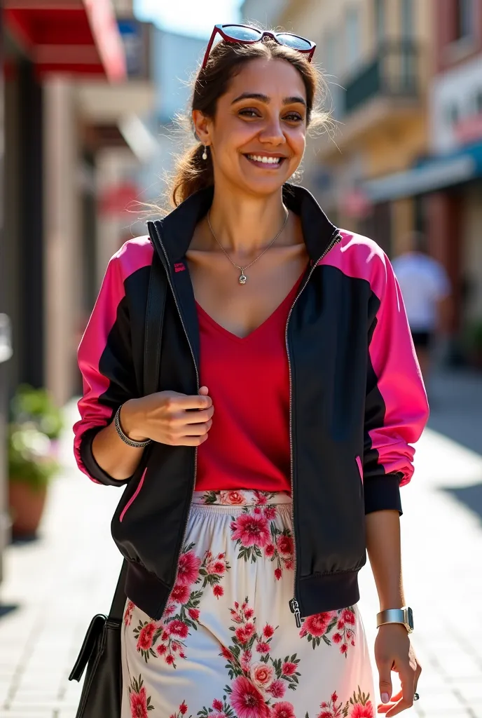 Full body beautiful white skin latin woman, 5'7" tall, ponytail medium brown hair, deep green eyes, wearing zip up coloured black and pink nylon winbreaker shell jacket, white and floral wide maxy skirt, rolled up sleeves, zipping up jacket, up collar, clo...