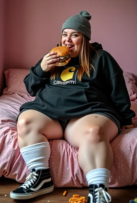 My POV photo of a beautiful attractive kazy dozy extremely overweight morbidly obese world's fattest naked emo white girl age 17 greedily earing a large greasy burger. She has long straight side-parting brown hair with blonde highlights, pale white skin, a...