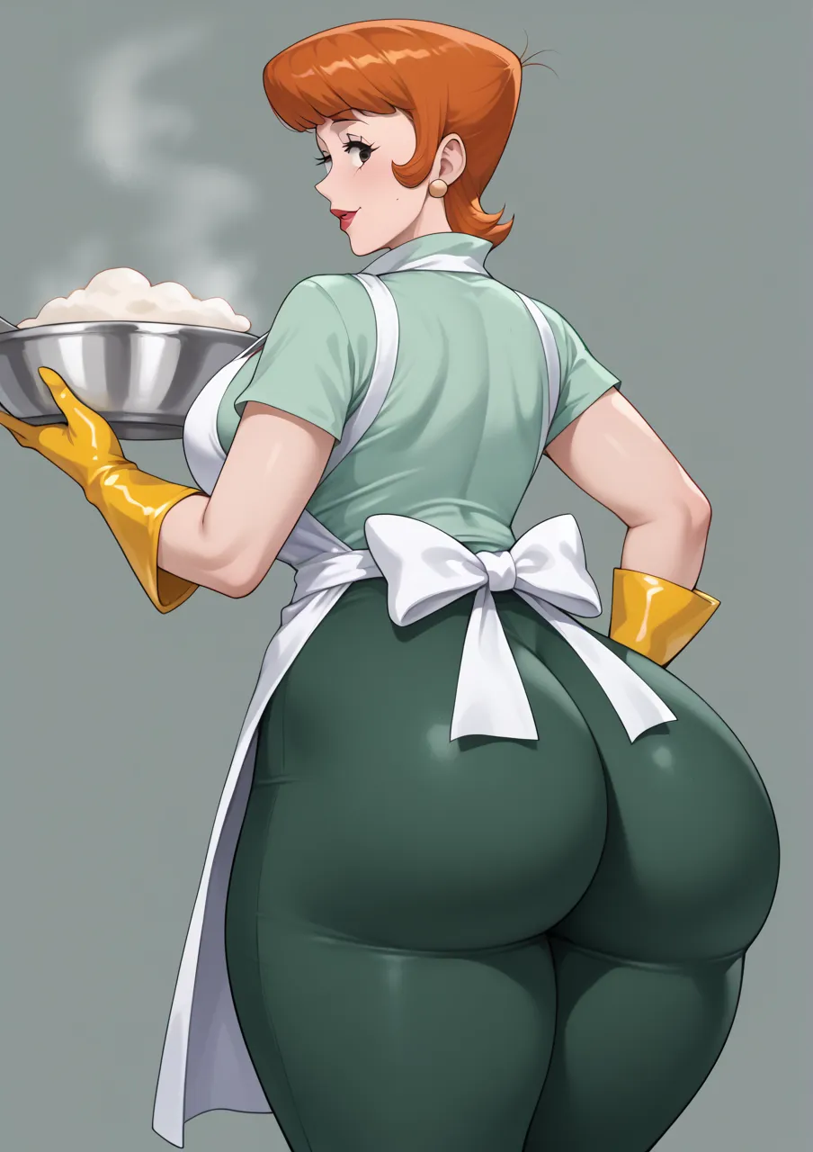 score_9, 1 girl, Alone,Dexter's mom,Mature Woman, Gloves, shirt, apron, moreover,portrait, mature mature,simple background, thick thighs , Wide Hips ,Thick Ass,butt cracks are slightly visible per person,Thick Ass