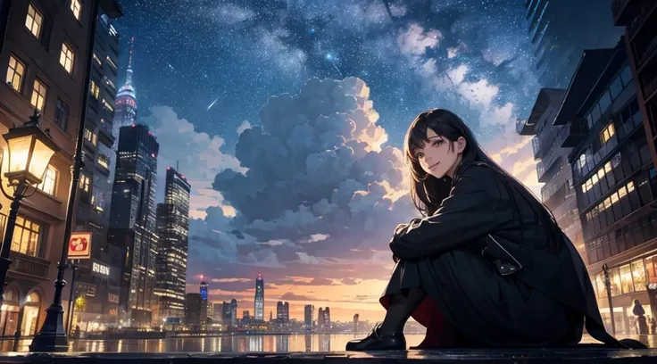 octans, null, star (null), scenery, starry null,   night , 1 girl,   night  null, Alone, outdoor, building, cloud,  Milky Way,  sitting, tree,  long hair, city,   silhouette , cityscape