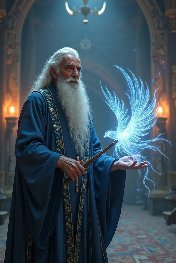 An elderly wizard with long silver hair and a flowing beard, wearing elegant deep-blue magical robes adorned with intricate patterns. He has wise, piercing eyes and holds a beautifully crafted wand emitting a faint glow. Beside him, an ethereal phoenix Pat...