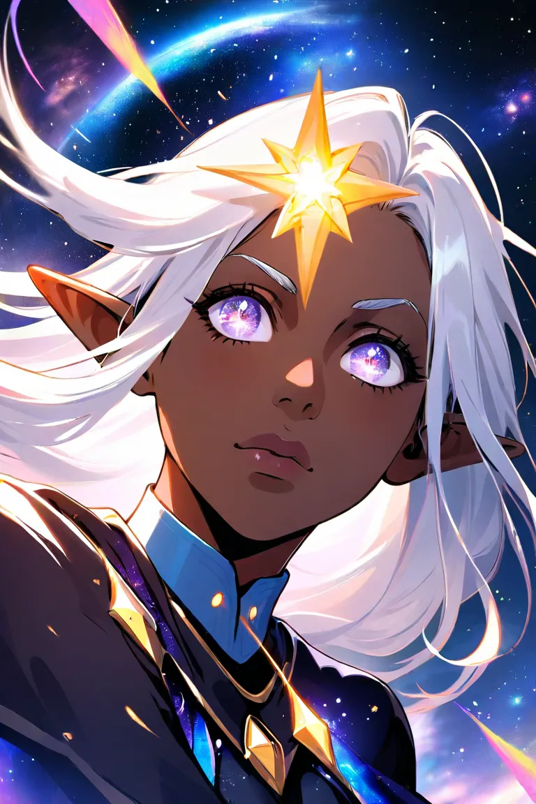 An dark elf young, still learning wizardess that earned the power from the stars, galaxy theme, character reference sheet, around the age of 16. White hair, dark skin tone, a magical uniform perhaps