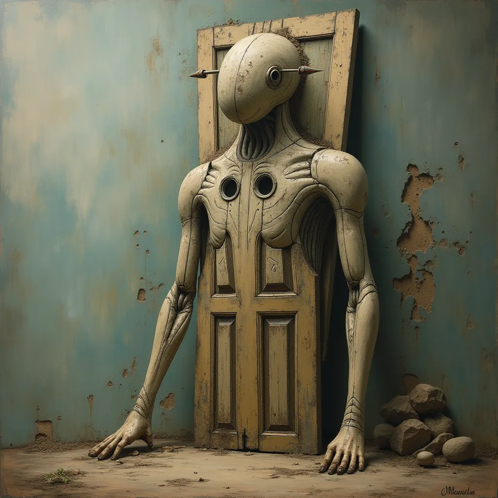 surreal and abstract painting of a strange sculpture resembling a humanoid shape made of old doors and windows, classic art, dreamy, surreal, photorealistic, magical, esoteric, occult, symbolism