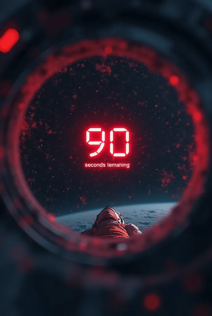 "A first-person perspective digital painting of an astronaut losing consciousness in space. The vision is blurred, with dark shadows closing in from the edges, simulating tunnel vision. A floating red countdown timer reading '90 seconds remaining' is in th...