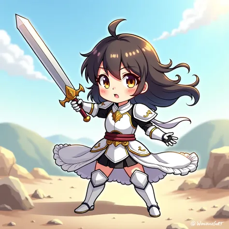  chibi, one girl ,western white armor, holds up a sword during battle, fantasy style ,simple background, anime style