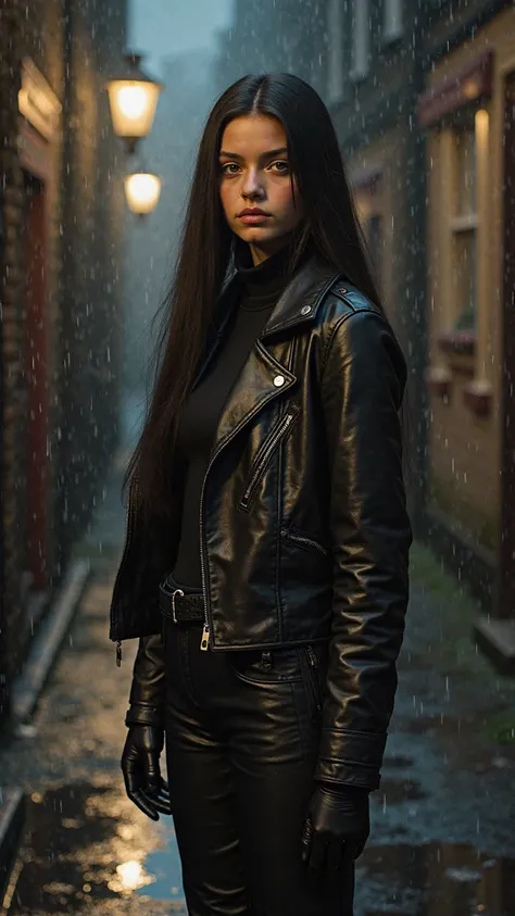 A young Welsh girl with very long straight black hair, high cheekbones, large eyes, very pointed chin and a muscular yet lean hourglass figure dressed in a black turtleneck under a very heavy masculine black vintage cowhide leather motorcycle jacket, loose...