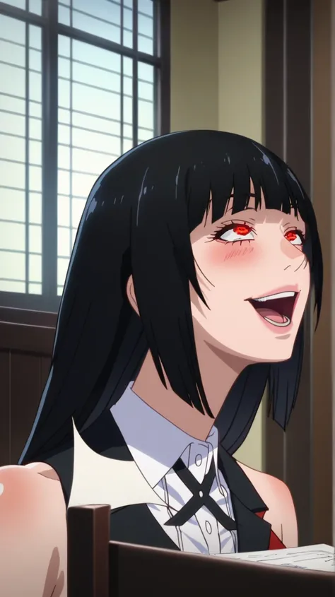 score_9, score_8_arriba, score_7_arriba,   source  _animated, 1 girl, Alone , indoors, day, Jabami Yumeko, red eyes, black hair,  long hair, blows, big breasts, red blazer,  white shirt, looking at the spectator,  eye contact with the spectator,  smile, (p...