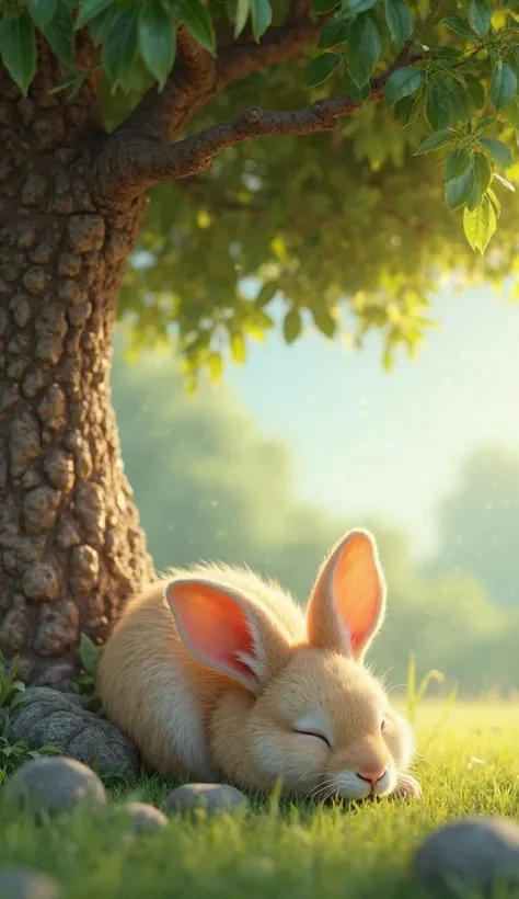 Create a serene and visually stunning 3D-animated scene of a cute rabbit sleeping peacefully under a large, shady tree. The environment should be lush and vibrant, with soft lighting and natural details to evoke a calming atmosphere.  
