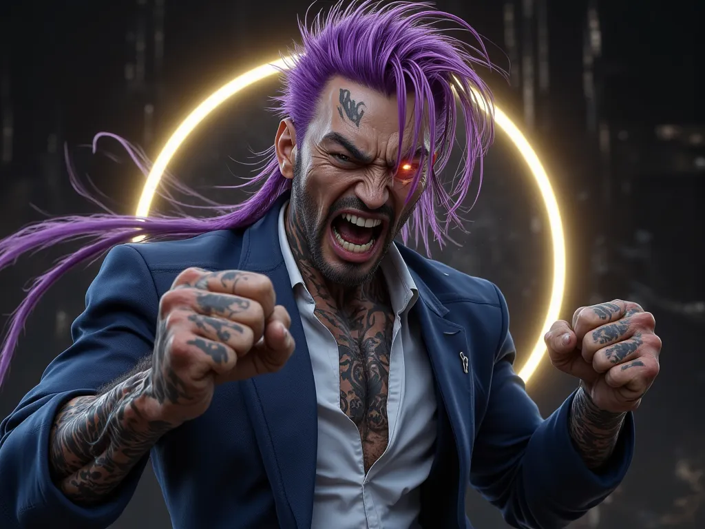 middle-aged man, Tattoo, Asian people, Age 22 years, purple hair, Deadlock shape, wearing a blue suit, Mouth Piercing, The golden aurora bothers the eyes., shout, Sting the left fist forward, Left hand, tanned skin,  Realistic, Masterpiece,movies,8K resolu...