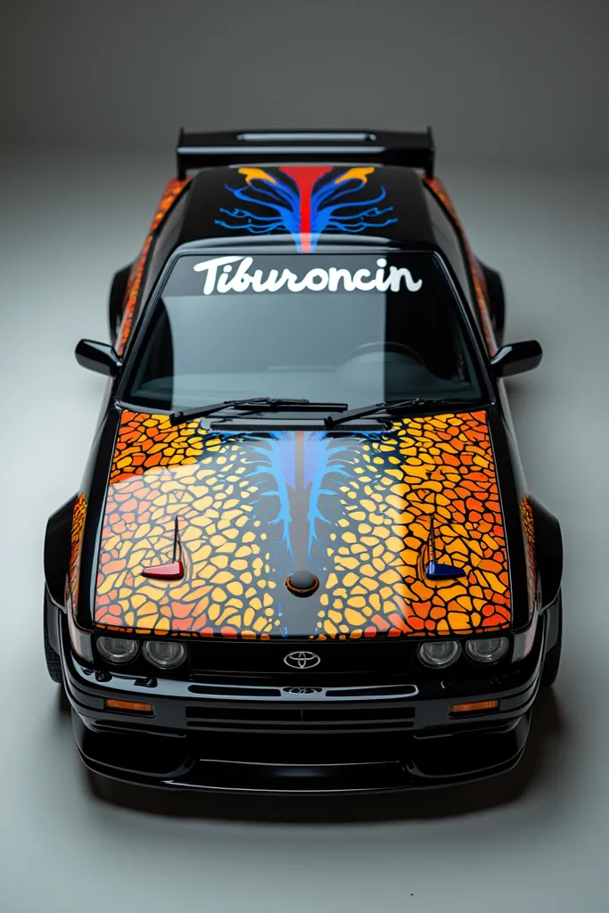 Toyota Levin 92 two-door car, the car is black with a design taken from the combination of colors of the fish that makes Gill in the movie Finding Nemo, on the windshield is written Tiburoncin 