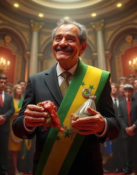 "Create a semi-realistic image with a touch of 3D animation, portraying Lula, the president of Brazil, in an imposing political setting, such as the Planalto Palace or during an official event. He is wearing an elegant suit and a presidential sash in green...