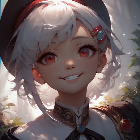 chambers,idol, Masterpiece ,Better quality, white hair, red eyes,white shirt,(black formal hat),(hair clip:1.3),(Small native mouth:1.3), smile,high definition,4K,separate black sleeves, upper body,