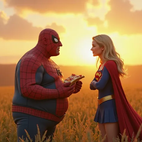 A Marvel-style 3D cinematic scene of an overweight Spider-Man standing in an open field at sunset, nervously confessing his love to Supergirl. He holds a half-eaten slice of pizza in one hand, crumbs on his suit, while his other hand gestures awkwardly. Hi...