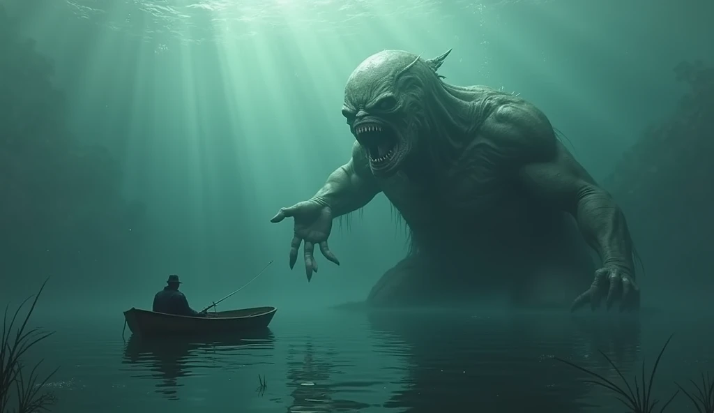 creature from a gigantic lake, it is submerged, and the part that is outside the 'hua is an arm with a human hand, coming out of the creature's forehead, it serves as bait to attract humans, the hand simulates drowning, the scene allows you to see the unde...