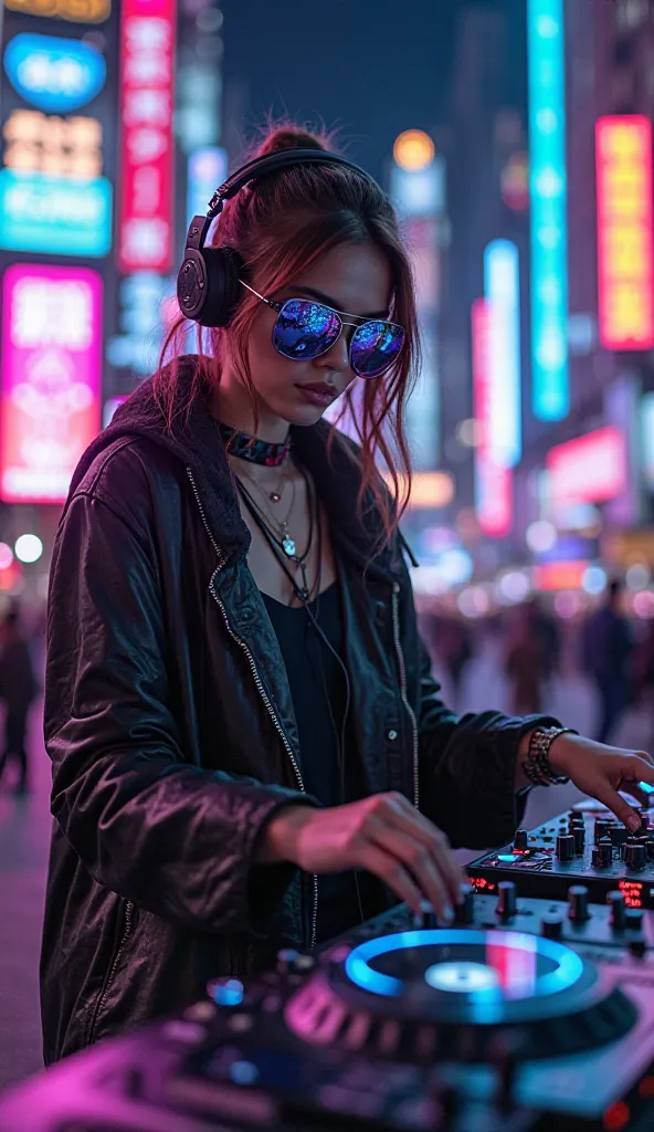 Futuristic female DJ in the cyberpunk world. She is at the remote , neon signs and holograms are reflected in her glasses. A high-tech scene with LED screens, flashing to the rhythm of the bass. Lasers and graffiti create the atmosphere of a metropolis at ...