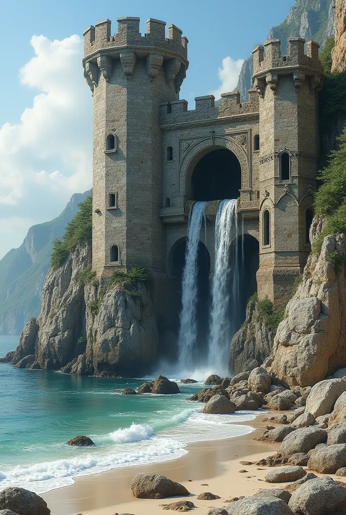 limestone castle with windows from which white waterfalls emerge, To the shore of a beach with stones and rocks 