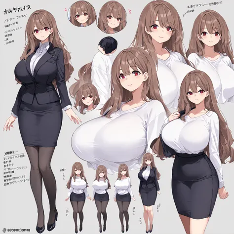 masterpiece, ( The best quality ), （ character design sheet ) detailed face, (model sheet), ( character sheet), Japanese anime, 1chica, glowing skin,  long sleeve white t-shirt , black short skirt suit,  long brown hair, red eyes,  Female (mature woman) bl...