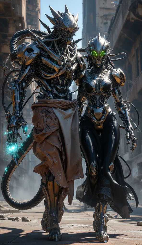 Hyper-realistic image. High quality, 8K Ultra HD. Disney's Aladdin and Jasmine, corrupted by the Mango Virus, merging their human essence with a bio-robotic and cybernetic metamorphosis. are running. Aladdin has transformed into a feral biomechanical creat...