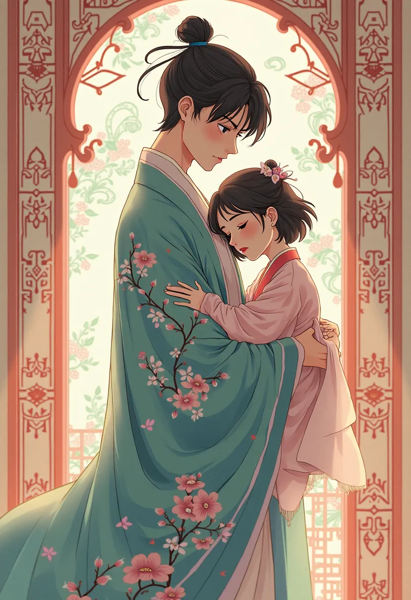 Anime Boy Looking Away，Decorative Style Illustration，Soft anime illustration ，中国Hanfu男孩，Melancholy and Indifferent Anime Boy， girl in her arms ，Elegant pattern，Anime atmosphere， anime style，Lisa Frank and Murase Sho's mixed style，1990年代 anime style，90年代 an...