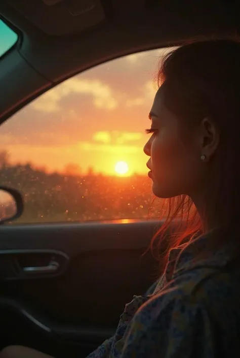 A golden sunset reflected in a moving car window. The image conveys nostalgia and reflection, with warm tones that evoke memories and personal growth.