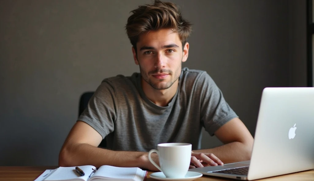 A young man with his face turned towards the camera sits at a desk in front of a laptop with a cup of coffee next to him and his left side is an open book with a pen on top of it and the details of his face are very clear 