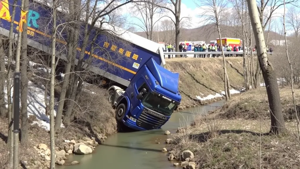 "A massive red truck has crashed off a rural road, with its front end severely damaged and hanging over a small river. The truck’s cabin is partially submerged in the water, while the large trailer remains stuck at an angle on the steep riverbank. The acci...