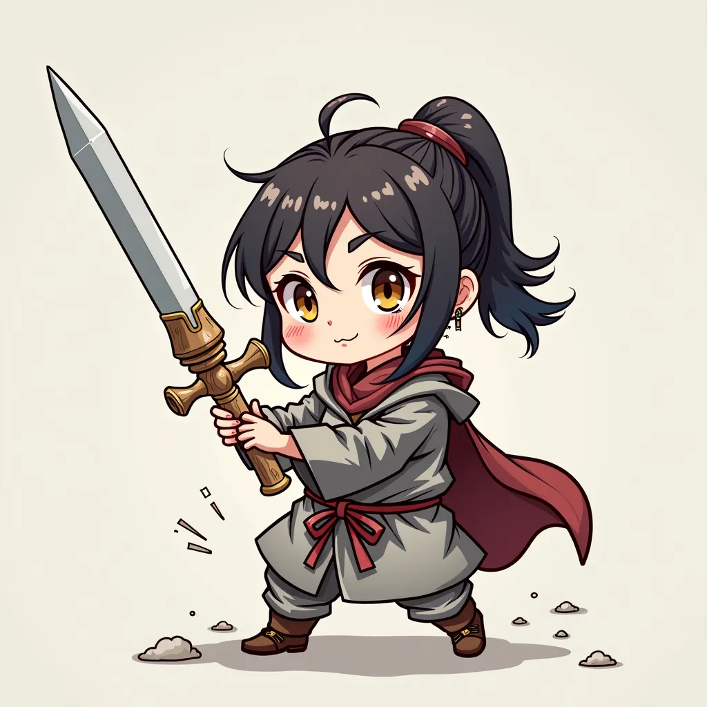  chibi, one girl ,The monk in the white robe, has a cane,fantasy style,simple background