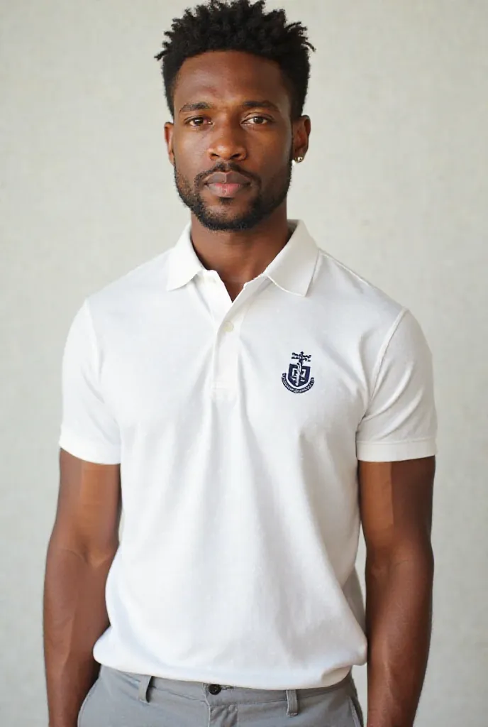 A white polo t-shirt model with law school embroidery on the chest