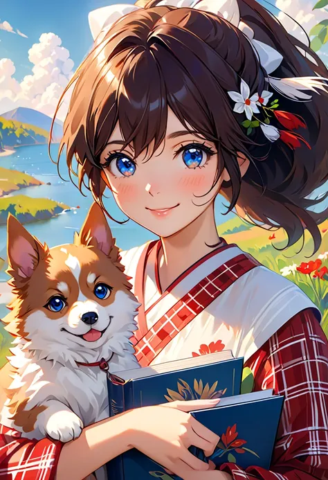 Cute Puppy. Beautiful puppy. Adorable puppy. Portrait of a woman in a white dress,  holding a book with gentle hands , Expressing beauty and strength . Detailed portrait of an indigenous woman in cartoon style , Has beautiful eyes, Quick brushstrokes and v...