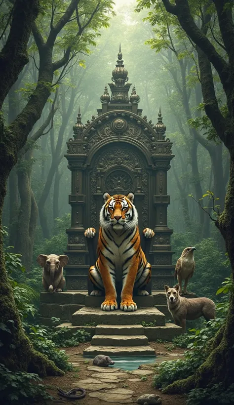 A grand ancient forest throne room. A majestic tiger sits on the throne, surrounded by an elephant, wolf, eagle, and a massive anaconda. The animals are discussing their rule over the world. The scene is mysterious, powerful, and filled with authority