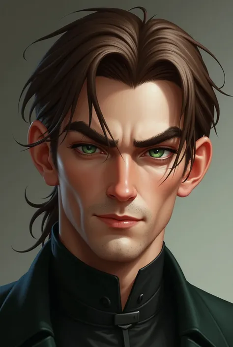 His ears are proportional to the face and slightly concealed under his hair {x} The character's face is distinctive and masculine with a kankant jaws and high cheekbones. His eyes are intensely green, slightly almond-shaped and with densities,  dark lashes...