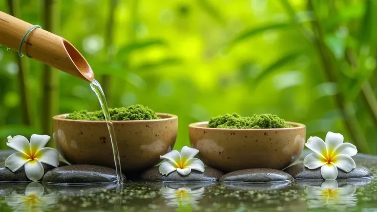 A tranquil scene of a small water feature.  Water flows from a bamboo spout into shallow, light brownish-tan bowls filled with small clumps of vibrant green moss.  The bowls sit on a bed of smooth, dark gray stones, reflecting the surrounding greenery.  Wh...