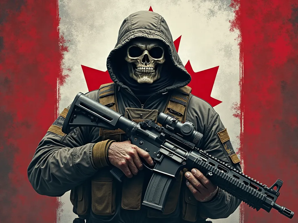 create a canadian mercenary with angry skull gasmask, standing before a red and black flag, canadian themed