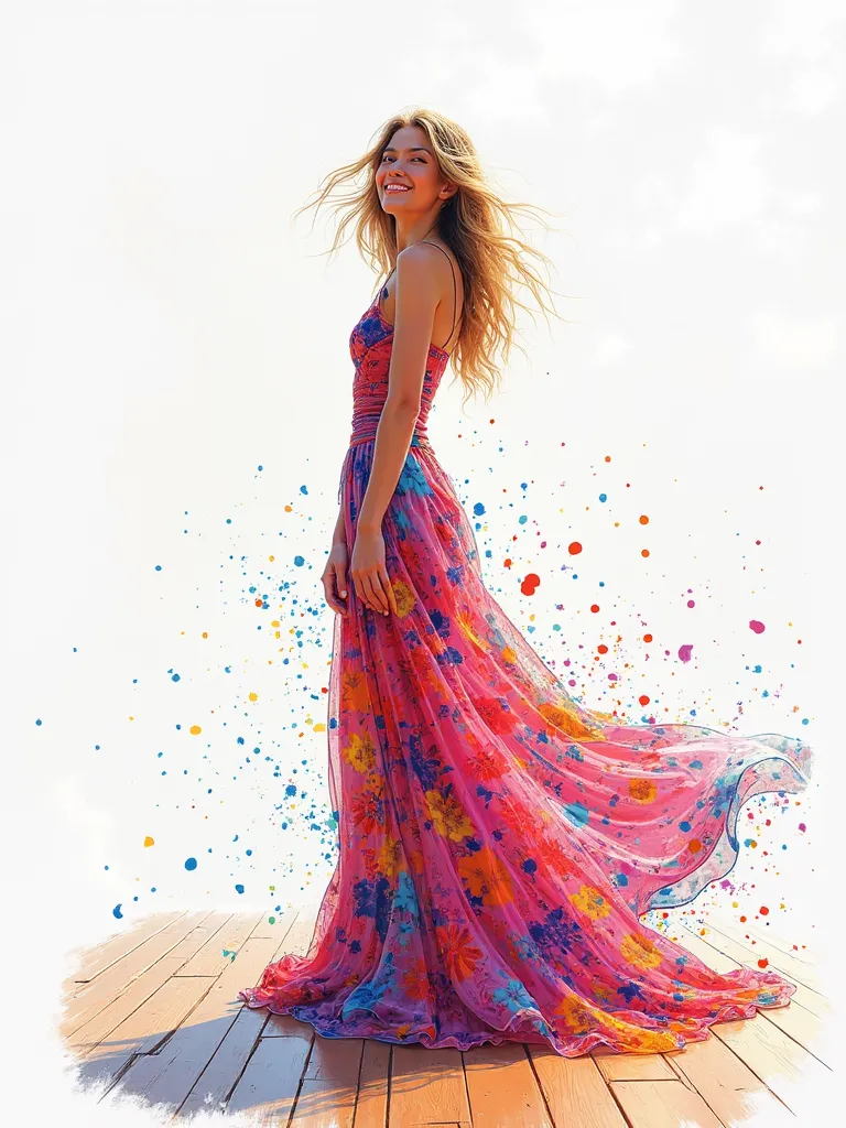 Airbrush, watercolor, illustration of shimmering colors cool beautiful smiling woman, decently made up, standing on wooden floor, wearing long flowing dress with Warhol motifs, in white bg