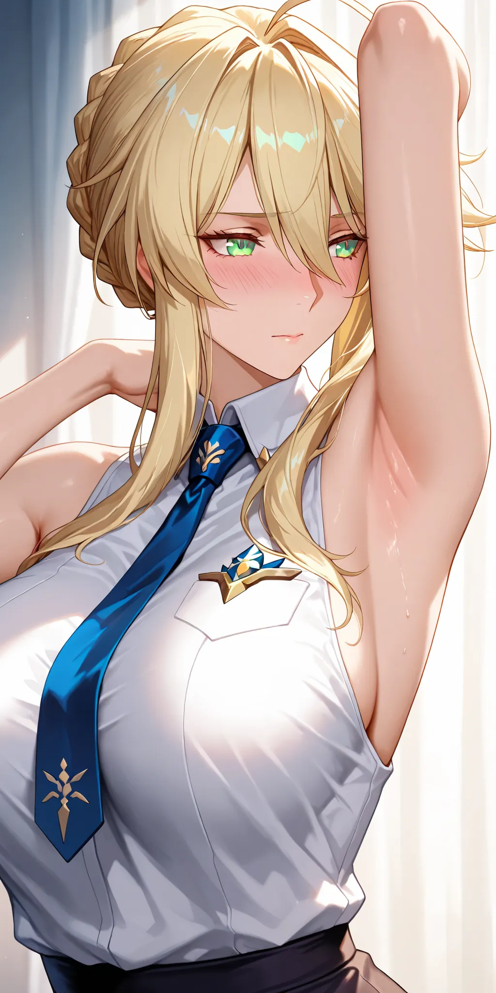 Masterpiece, very aesthetic, vibrant, high contrast, mature woman, milf, artoria pendragon (lancer) (fate), upper body, tie, sleeveless collared shirt, side boobs, armpit, blushing, soft light, honkai: star rail cg style