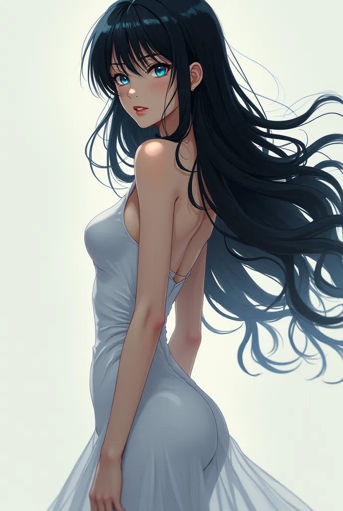 Anime girl with blue eyes light an black hair, tall and body beautiful, skin white, reference Reze of "Chawn Man"