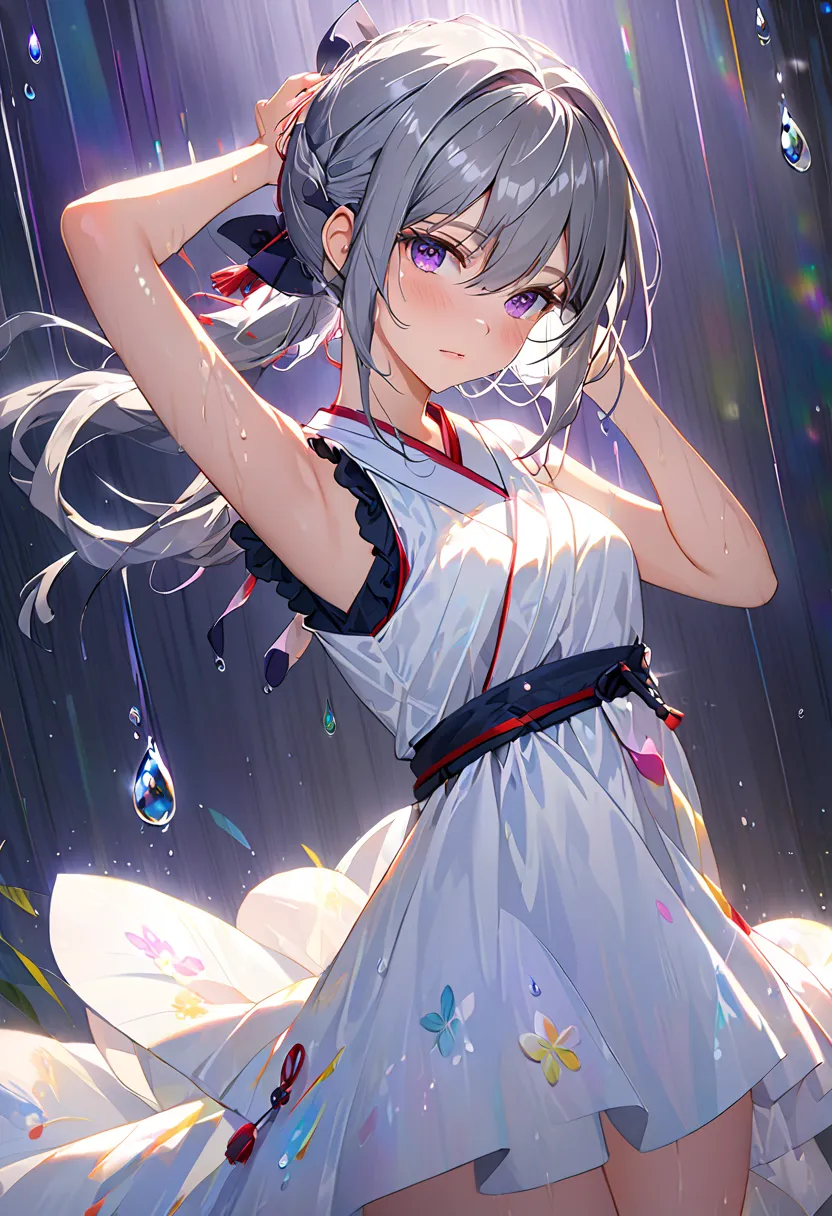 1 girl, Gray Hair, multicolor hair from the inseam, purple eyes, head mask ,  sidelights in the form of drops, Light Particles,  wallpaper, Arm Up, sweaty