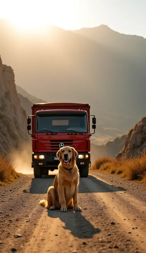 A large red cargo truck is driving down an old, dusty road in a remote mountainous area during late afternoon. The sun casts long shadows over the rocky terrain. In the middle of the road, a majestic golden retriever with a glowing golden coat sits calmly,...